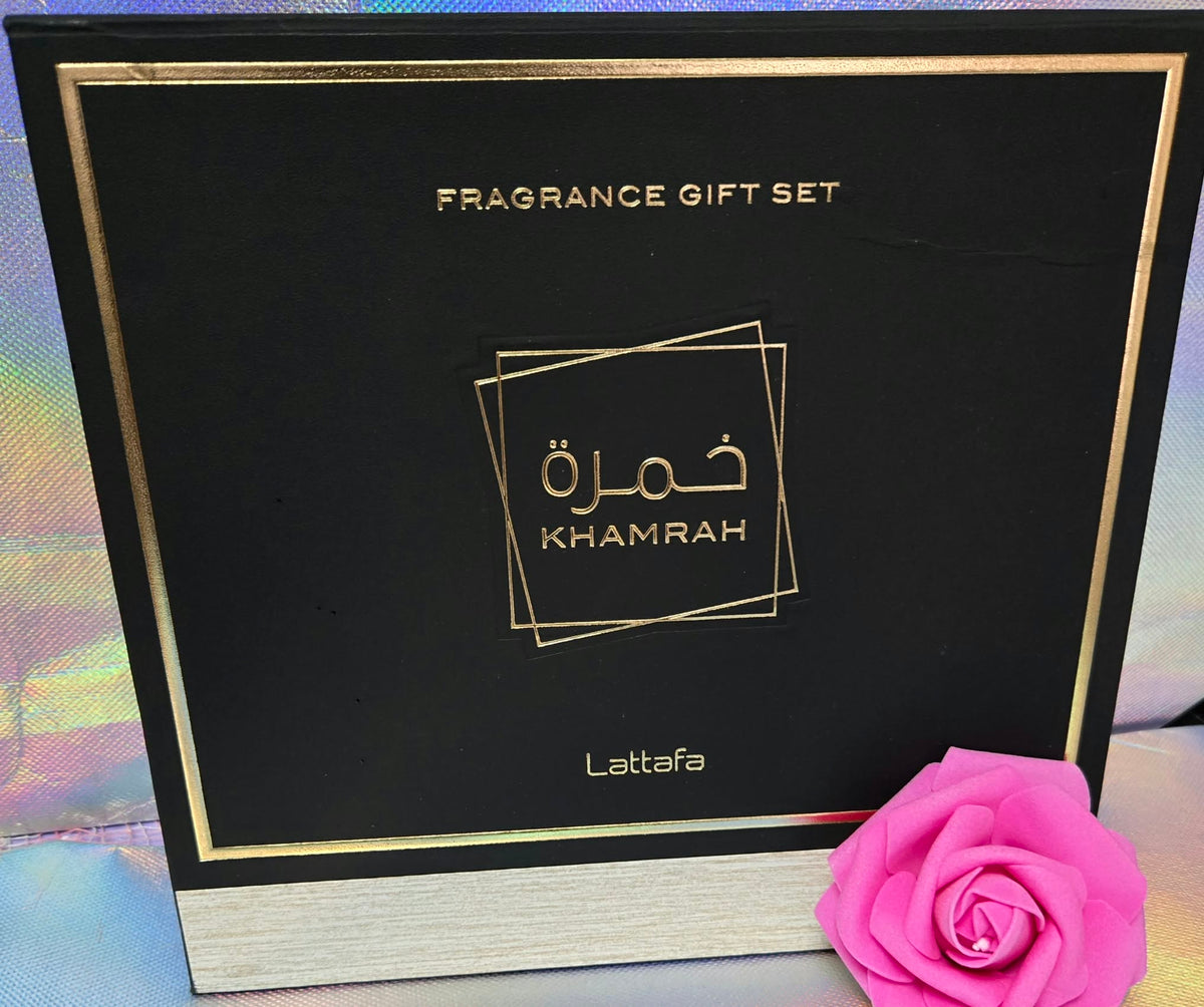 Coffret cadeau Lattafa Khamrah Eau de Parfum 100 ml + 12 ml + Brume pour cheveux 50 ml Parfum unisexe