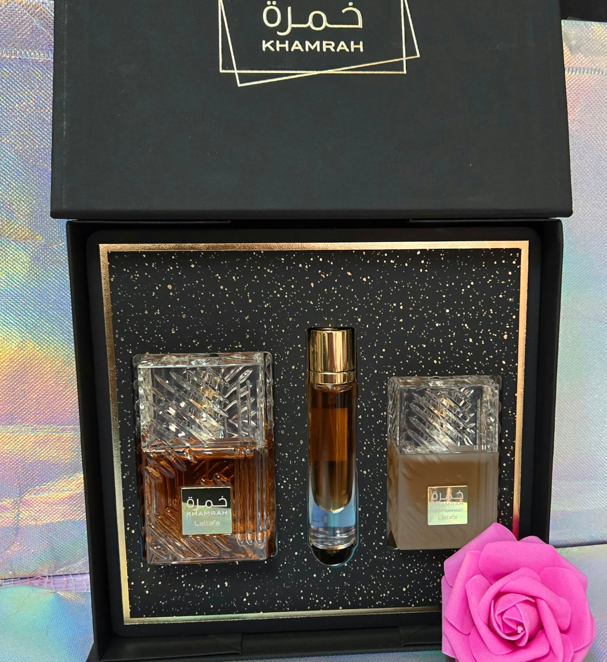 Coffret cadeau Lattafa Khamrah Eau de Parfum 100 ml + 12 ml + Brume pour cheveux 50 ml Parfum unisexe